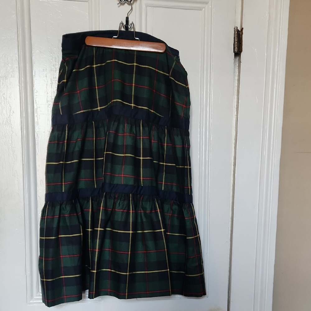 Gretchen Scott Navy and Forest Green Plaid Skirt with Red and Yellow Stripes - Picture 3 of 7